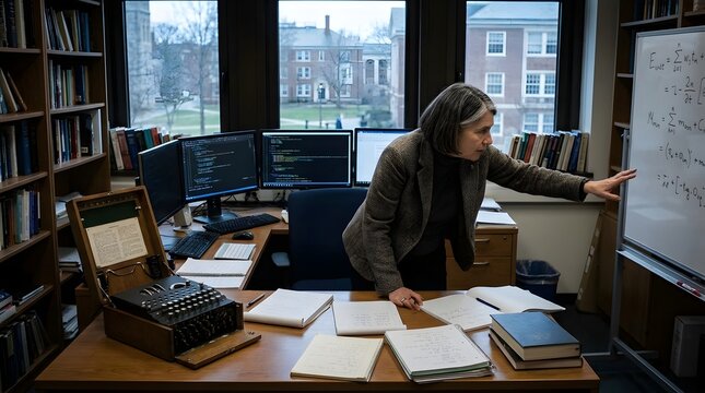 Female Cryptographer Working on Complex Equations in Office Setting