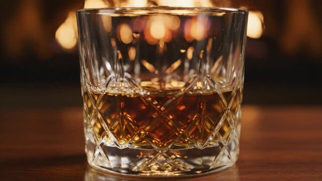 Whiskey pouring into crystal glass near warm fireplace