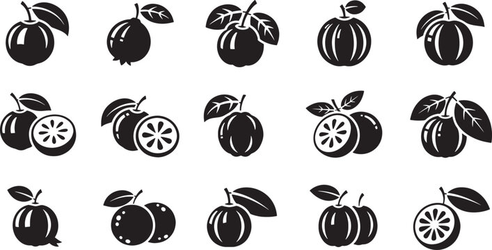 Collection of black fruit with leaves and slices on white background black and white silhouette apple