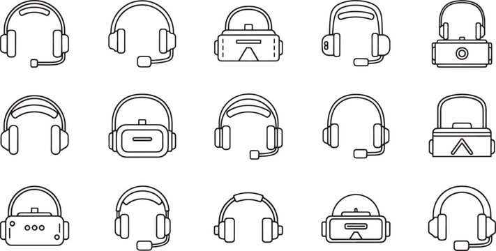 Collection of black line of headphones and V R headsets VR headset virtual reality gaming