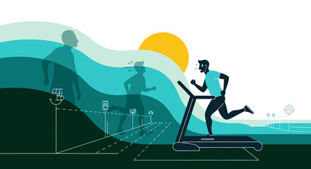 Fototapeta premium Man Running on Treadmill with Energy Waves and Sun Illustration