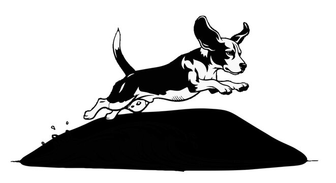 Black and white illustration of a playful beagle jumping over a crashing ocean wave Isolated on transparent background.
