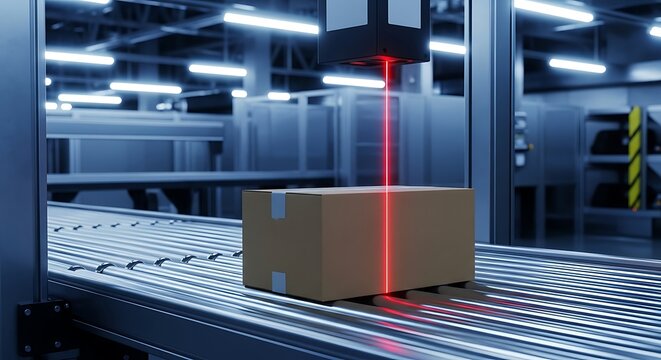 Automated laser scanner identifies a cardboard package moving along a conveyor belt in a smart warehouse. Ideal for supply chain management and logistics industry advertising.