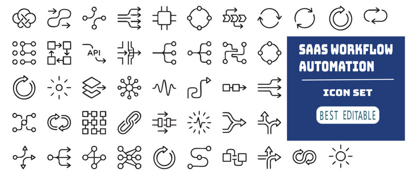 A comprehensive collection of abstract workflow automation and data flow icons representing business processes and technology systems.