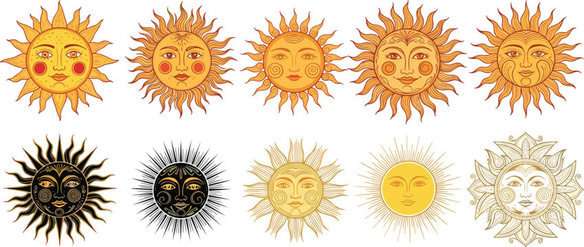 Set of Hand-Drawn Sun Illustrations with Different Styles, Faces, and Radiant Sunbeams for Celestial, Nature, and Astrology Themes