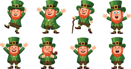 Fototapeta premium Set of Cartoon Leprechaun Illustrations with Green Attire, Pipe, and Shamrock for St. Patrick's Day, Fantasy, and Irish Themes