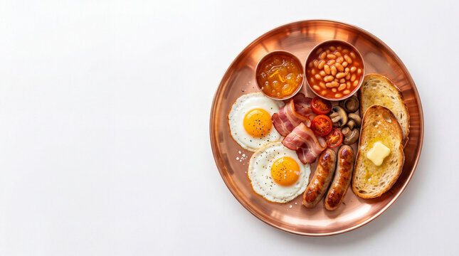 Delicious breakfast plate with eggs, bacon, sausages, and toast on a copper plate isolated on white background