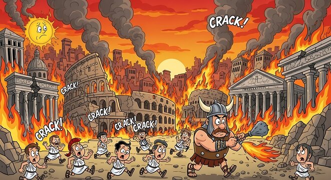 Sack of Rome - Cartoon Depiction of Barbarian Invasion and Burning City.