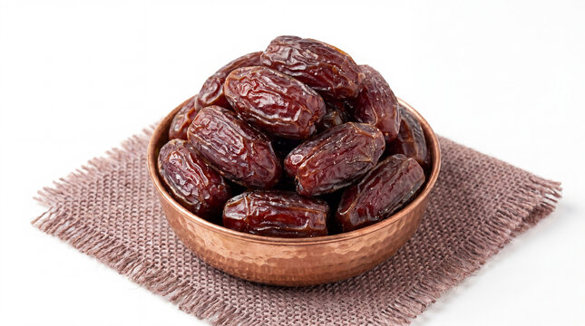 A copper bowl filled with dates on a woven brown placemat isolated on white background