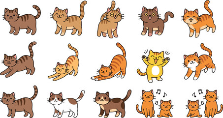 Fototapeta premium Cute Cat Vector Set Featuring Various Cat Poses, Expressions, and Breeds for Animal, Pet, and Cartoon Illustrations