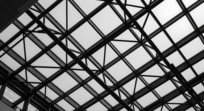 Modern skylight window with industrial steel truss system. High contrast monochrome photography highlighting geometric patterns and structural engineering. Ideal for architectural brochures.