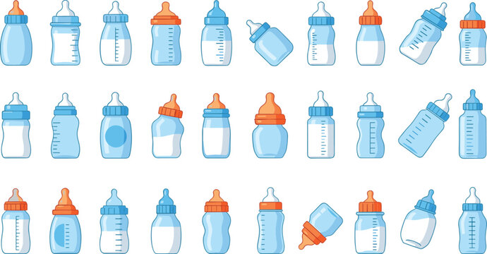Baby Bottle Vector Set Featuring Different Bottle Designs, Sizes, and Lids for Parenting, Baby Care, and Feeding Illustrations