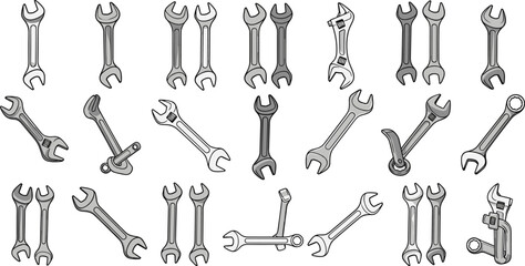 Obraz premium Wrench Vector Set Featuring Different Wrench Designs, Styles, and Angles for Tools, Mechanic, and Construction Illustrations