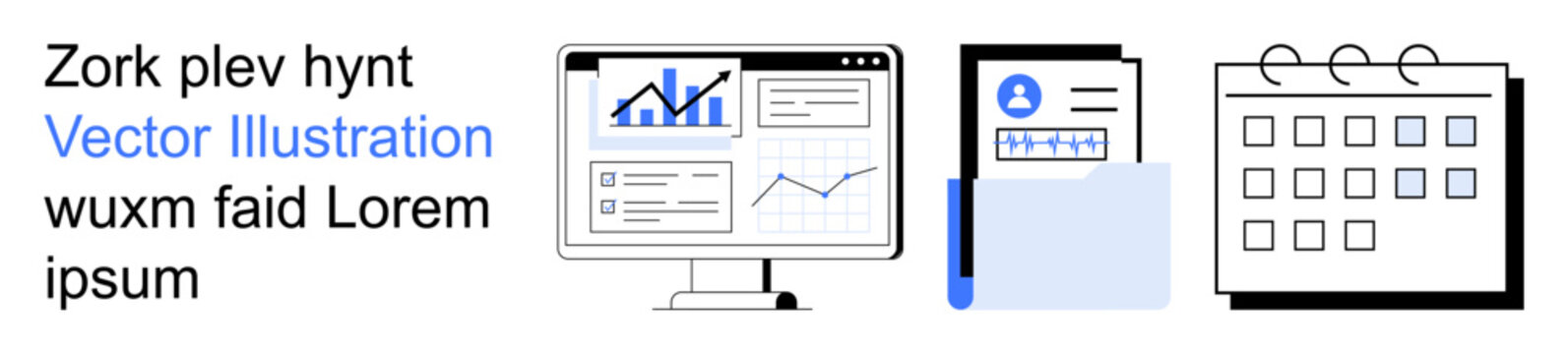 Business analytics, digital workflows, office organization, data visualization, productivity, project planning. Charts on a screen, a document folder and a calendar. Business analytics and digital