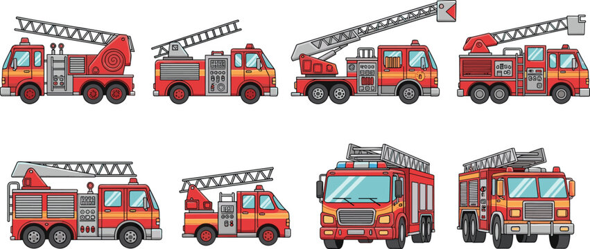 Fire Truck Vector Set Featuring Different Fire Engine Designs with Ladders, Hose Reels, and Rescue Equipment for Emergency Services and Public Safety Illustrations