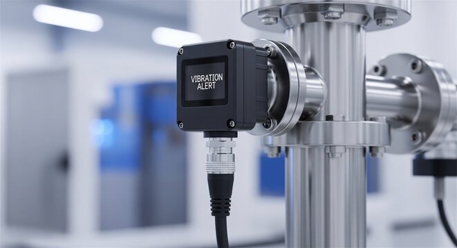 Industrial vibration alert sensor on steel pipe, digital monitoring device for predictive maintenance, smart factory automation equipment