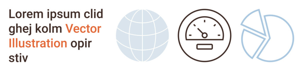 Obraz premium Digital marketing, business strategy, performance analytics, global reach, speed testing, data visualization. Globe, speedometer and pie chart icons in minimalist style. Global reach and performance