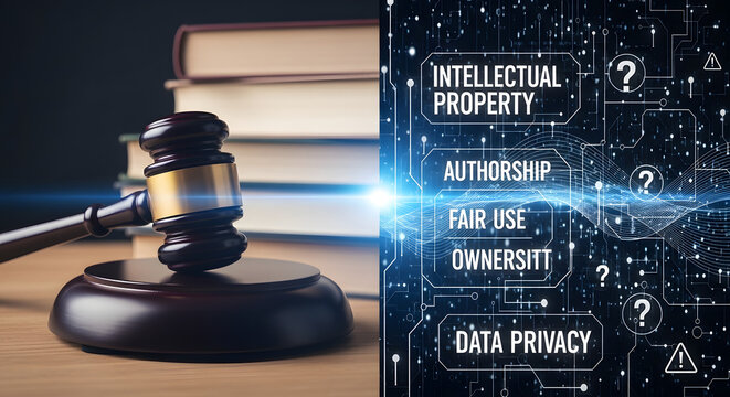 Artificial Intelligence copyright law and ethics concept featuring a wooden mallet gavel against a digital electronic circuit background representing judicial regulations and legal litigation.