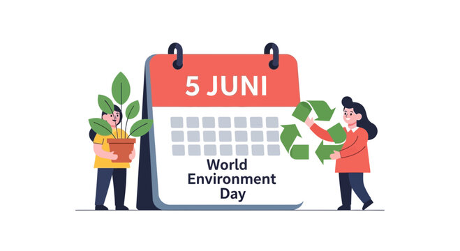World Environment Day 5 Juni Calendar with People Planting and Recycling