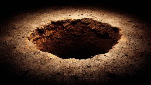 A deep, dark sinkhole forming in the ground, a sign of geological instability and potential danger.