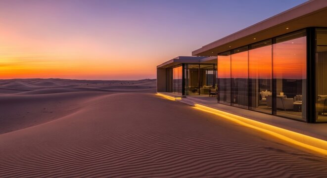 A modern building stands alone on a vast desert landscape at sunset with a sleek glass facade reflecting vibrant orange hues.