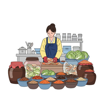 Woman preparing Korean food ingredients in kitchen.