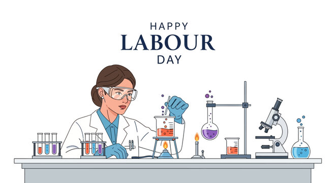 A stylized vector illustration depicting a female scientist in a lab coat and safety goggles conducting an experiment with beakers and a microscope on a table, celebrating Labour Day