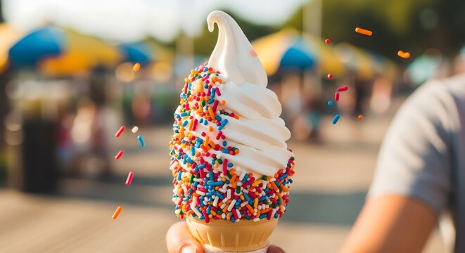 Vanilla frozen dessert topped with multicolored sprinkles held outdoors on a sunny day
