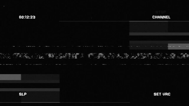 ⁠Stop VHS animation with classic VCR stop indicator, noise lines and tape defects on black background 4K resolution. 