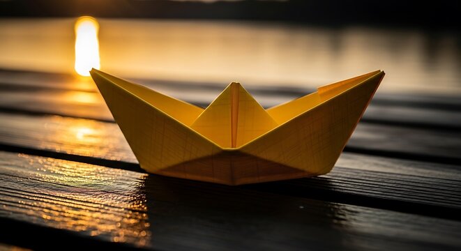 Yellow paper boat sits on a glistening wet wooden pier under a warm sunset glow. Sharp focus and beautiful bokeh highlight the metaphorical journey. Perfect for corporate growth concepts.