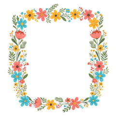 Obraz premium Square floral frame with colorful spring flowers and green leaves.