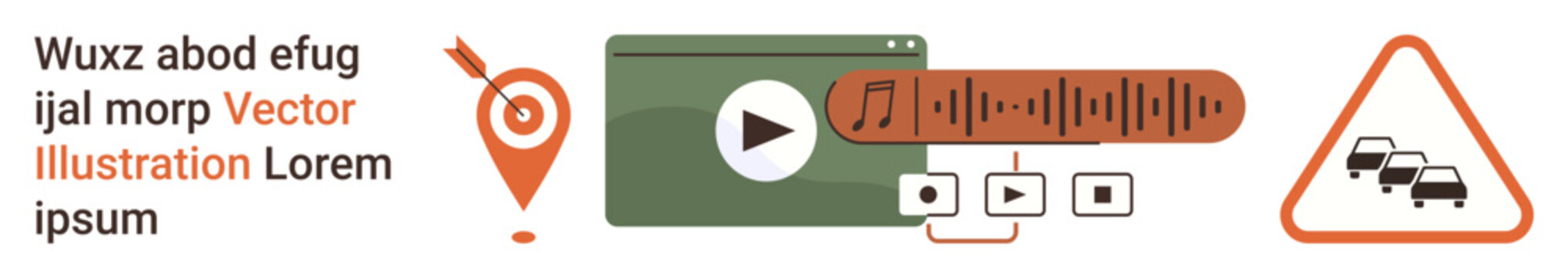 Navigation, media, sound editing, traffic, location mapping, multimedia design. A map pin, media player soundwaves and traffic sign are displayed. Navigation and media concepts