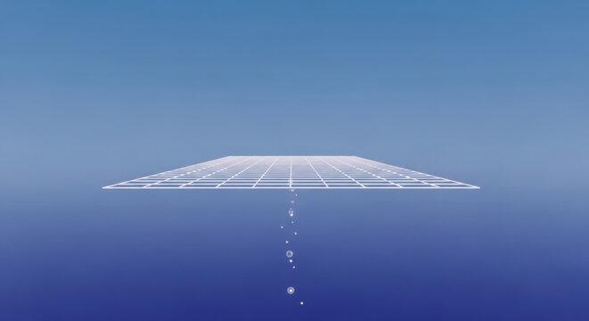 A futuristic solar panel floats on calm blue ocean water with droplets falling.