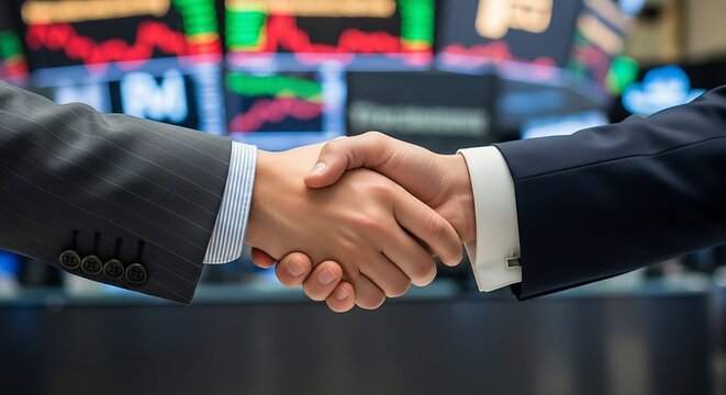 Corporate handshake between two professionals in formal suits occurs in a financial trading room. The background features blurred market charts for financial services advertising.
