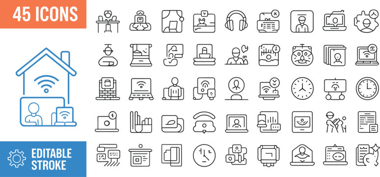 Set of forty-five remote work line icons, online communication, video calls, digital collaboration, calendars, and technology symbols