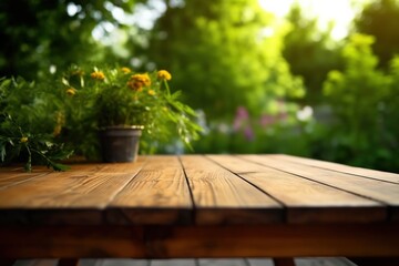 Fototapeta premium Wooden Table Surface with Blurred Forest Background