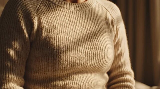 Textured cream knit sweater on person with warm sunlight