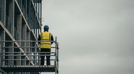 Naklejka premium Construction workers back close up worker concept. Construction worker in safety gear standing on scaffolding by a building.