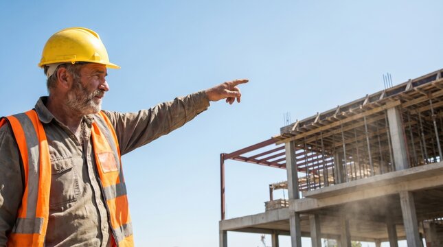 Construction workers back close up worker concept. Construction worker in safety gear pointing at building framework under clear sky
