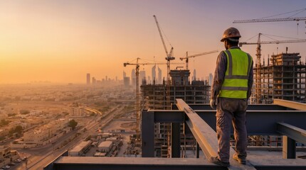 Fototapeta premium Construction workers back close up worker concept. Construction worker overlooking cityscape and cranes at sunset