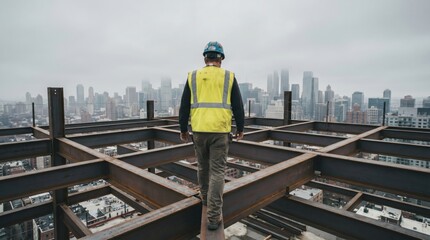 Naklejka premium Construction workers back close up worker concept. Construction worker in safety vest walking on steel beams with city skyline view