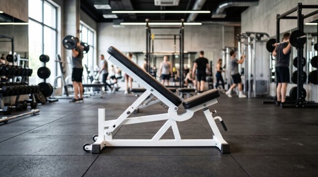 Adjustable gym bench in a modern fitness center with people working out