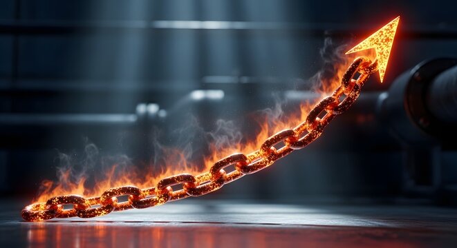 A burning chain with flames rises upward in an industrial setting.