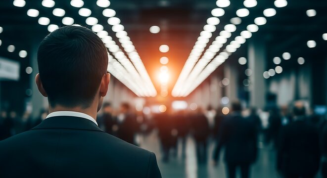 Businessman in formal suit views a bustling exhibition hall from behind. Dramatic perspective with converging lights and soft bokeh. Ideal for corporate recruitment and professional event branding.