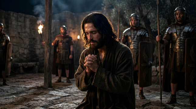 Man in ancient attire with bound hands stands before Pontius Pilate Barabbas surrounded by roman warriors 