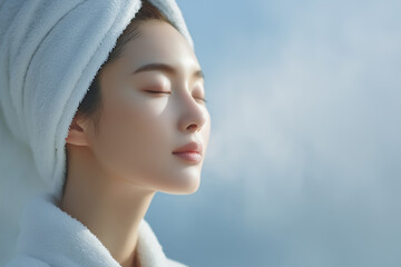Naklejka premium スチームでスキンケアする美しい女性 コピースペース 美容広告 A beautiful woman doing skincare with a facial steamer.