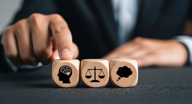 Ethical decision wooden cubes with justice icons are pointed at by a businessman. Sharp focus and bokeh highlight strategic planning. This is perfect for corporate ethics training materials.
