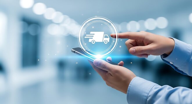Logistics delivery icon glowing above smartphone held by professional hands in a blurred office. This image is ideal for shipping and e-commerce website banners.