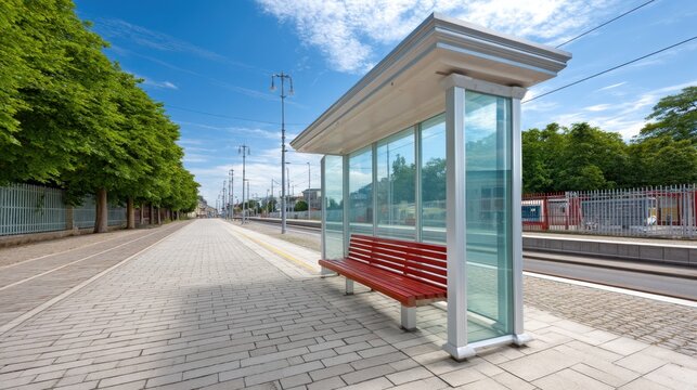 Modern bus stop with a glass shelter and red bench in a scenic outdoor setting under blue sky and trees lining the pathway