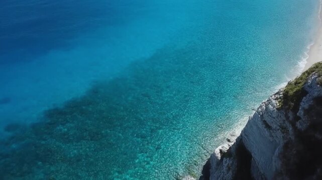 Aerial flight over steep coastal cliffs and turquoise ocean